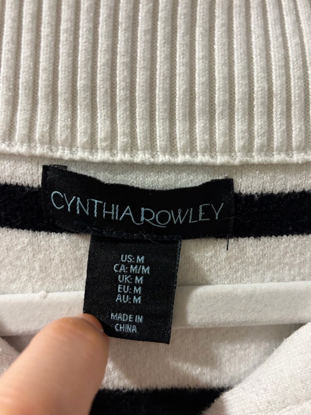 Cynthia Rowley Cream & Black Stripe Quarter Zip Sweater Coastal Preppy Chic - Picture 2 of 4